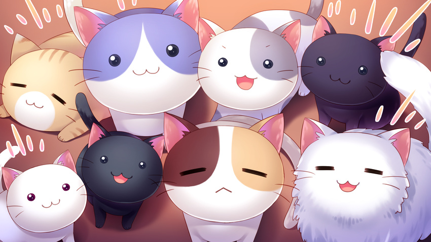 :d =_= animal black_eyes cat closed_eyes game_cg highres looking_at_viewer no_humans nyan_cafe_macchiato open_mouth smile tail too_many too_many_cats whiskers yukie_(peach_candy)