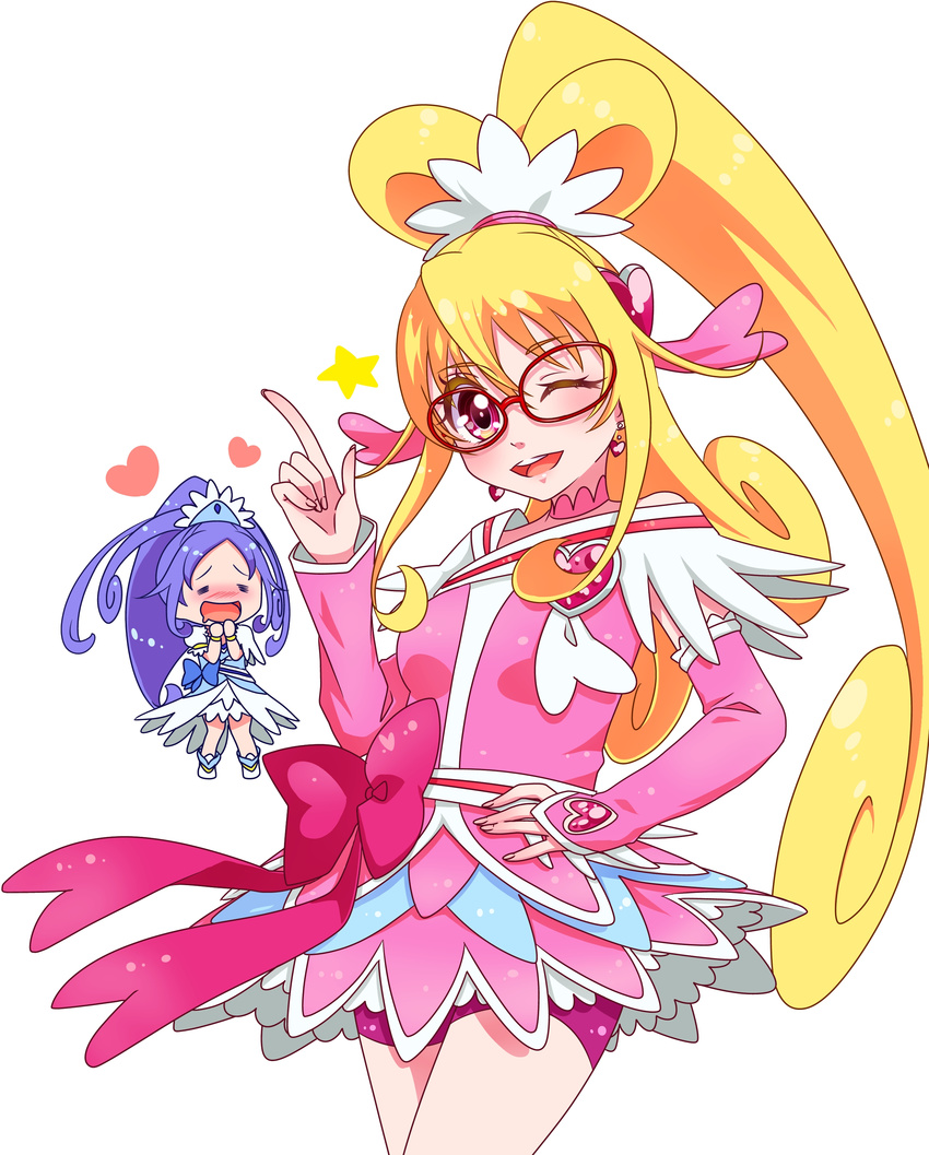 :d =_= absurdres aida_mana bad_id bad_pixiv_id bespectacled bike_shorts blonde_hair blue_hair blush bow chibi cure_diamond cure_heart dokidoki!_precure drooling glasses hair_ornament hand_on_hip heart heart_hair_ornament highres hishikawa_rikka index_finger_raised multiple_girls one_eye_closed open_mouth pink_bow pink_eyes pink_sleeves precure simple_background smile star white_background yupiteru yuri