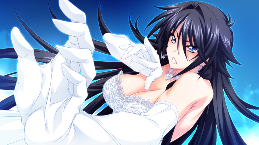 1girl angry bare_shoulders blue_background blue_eyes breasts bridal_veil bride cleavage clenched_teeth dress earrings elbow_gloves game_cg gloves highres jewelry large_breasts looking_away mikoshi_matsuri pose posing simple_background solo standing teeth tsujidou-san_no_virgin_road veil wedding_dress