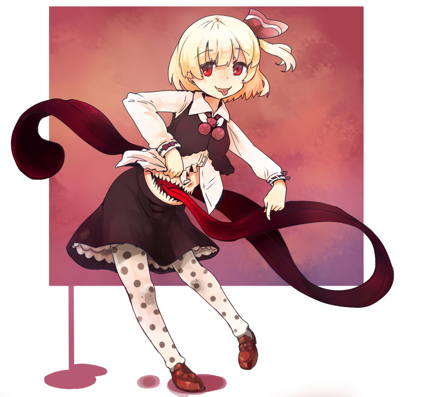 :p blonde_hair chest_mouth dress_shirt loafers long_tongue murani number pantyhose polka_dot polka_dot_legwear red_eyes rumia shirt shoes side_ponytail skirt solo tongue tongue_out touhou vest