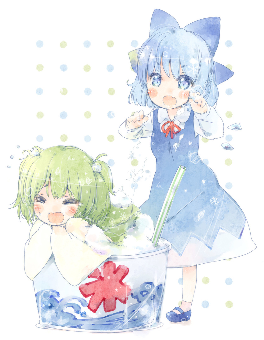 blue_eyes blue_hair blush cirno fang green_hair hair_bobbles hair_ornament hair_ribbon highres ice ice_wings kisume mary_janes multiple_girls open_mouth ribbon shaved_ice shipu_(toppintetratorten) shoes short_hair socks tears touhou twintails wavy_mouth wings