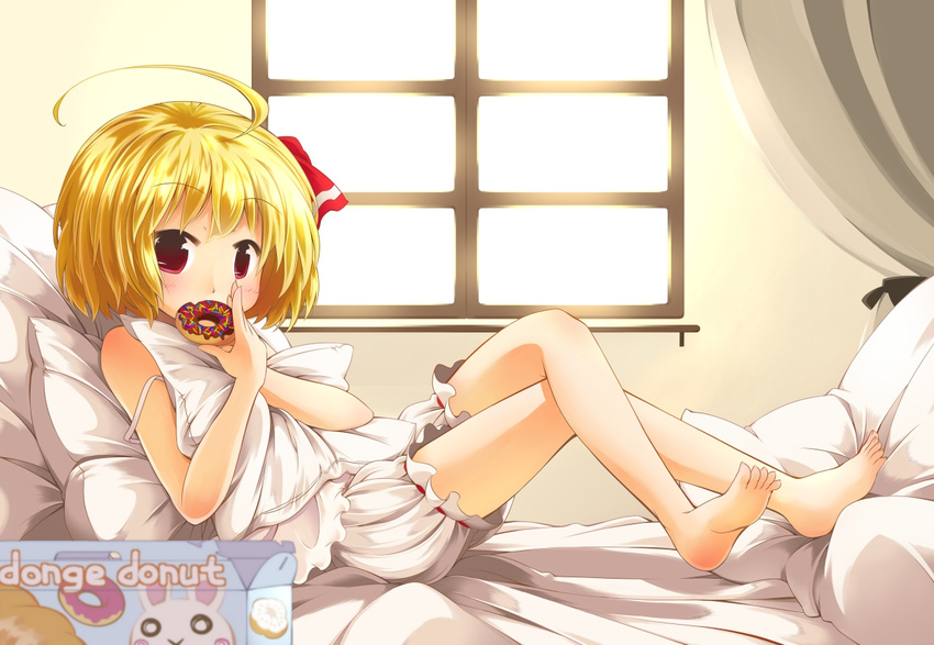 ahoge barefoot bed blonde_hair bloomers blush camisole crossed_legs doughnut eating feet food hair_ribbon jagabutter lying mouth_hold on_back pastry_box pillow pillow_hug red_eyes ribbon rumia short_hair sitting solo touhou underwear underwear_only white_bloomers