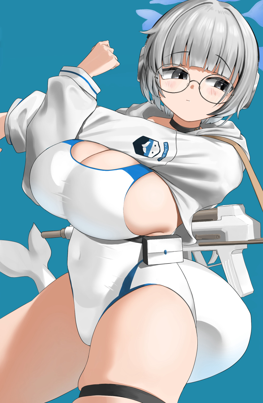 1girl absurdres aps_rifle assault_rifle black_choker blue_archive blue_background blue_halo blush bob_cut breasts cetacean_tail choker closed_mouth commentary competition_swimsuit covered_navel cowboy_shot cross-body_stretch fins fish_tail glasses grey-framed_eyewear grey_eyes grey_hair gun gun_on_back gun_sling halo hands_up haru_(harugaki520) headphones highres hood hood_down hooded_shrug kotone_(blue_archive) large_breasts long_sleeves looking_at_viewer one-piece_swimsuit pouch rifle round_eyewear short_hair shrug_(clothing) sideboob simple_background solo standing swimsuit tail thigh_strap weapon weapon_on_back white_one-piece_swimsuit white_shrug