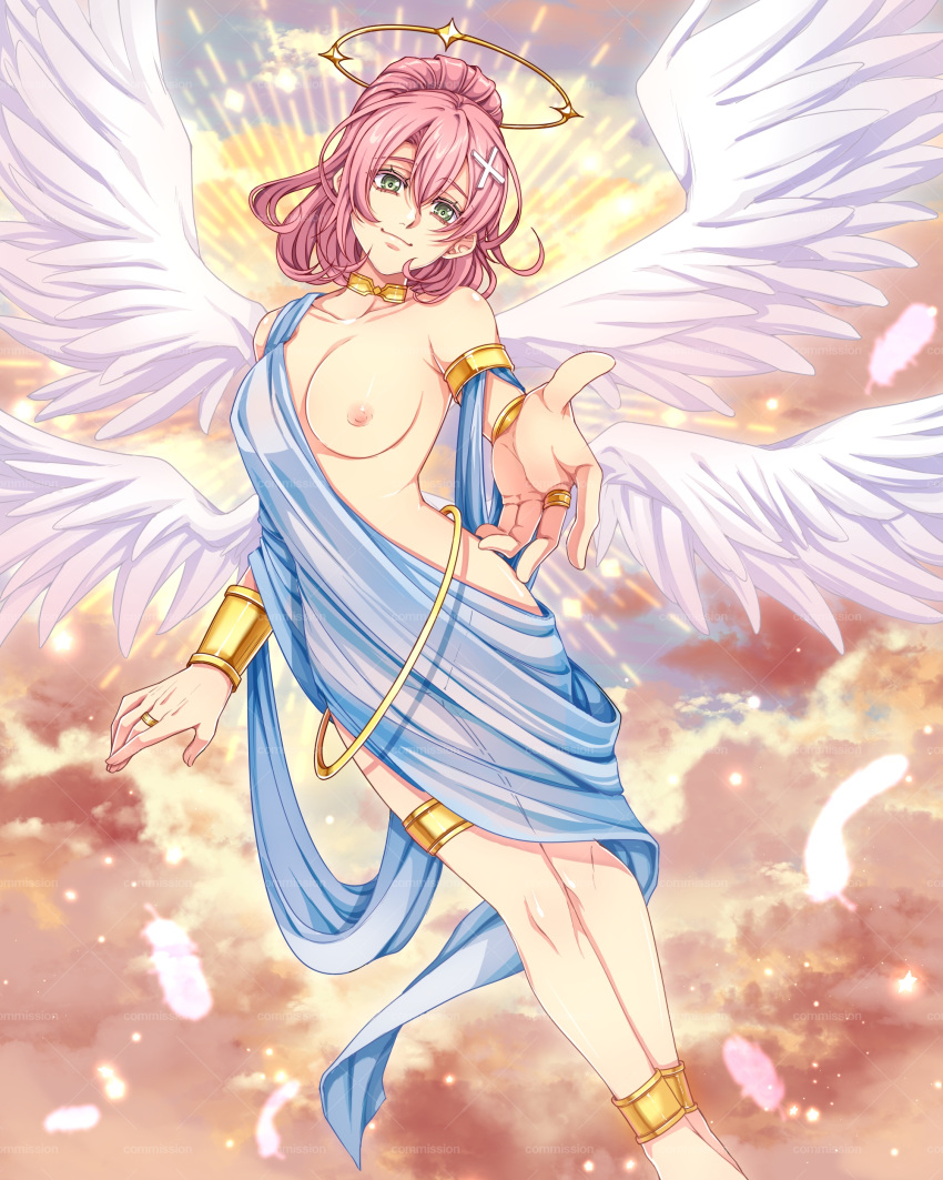 1girl absurdres angel angel_wings anklet bare_shoulders barefoot blue_robe bob_cut bracer breasts closed_mouth cloud collarbone commission double-parted_bangs eiyuu_densetsu english_commentary falling_feathers feathered_wings feathers flying gold_anklet gold_bracer gold_collar gold_halo gold_ring gold_thighlet green_eyes hair_between_eyes hair_bun hair_ornament hair_tie head_tilt highres jewelry juna_crawford light_smile looking_at_viewer medium_breasts metal_halo midair multiple_wings naked_robe nipples no_bra no_panties offering_hand one_breast_out open_hand outstretched_arm pink_hair reaching reaching_towards_viewer ring robe see-through_clothes see-through_robe sen_no_kiseki_(series) seraph short_hair sidelocks single_hair_bun sky smile solo sunburst sunburst_background thighlet white_feathers white_wings wings x_hair_ornament yuzukiyo