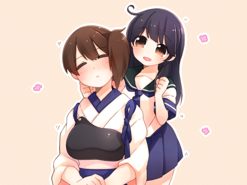 armor black_hair brown_eyes brown_hair closed_eyes japanese_clothes kaga_(kantai_collection) kantai_collection massage multiple_girls muneate nogi_(noooog) open_mouth ponytail school_uniform shoulder_massage side_ponytail ushio_(kantai_collection)