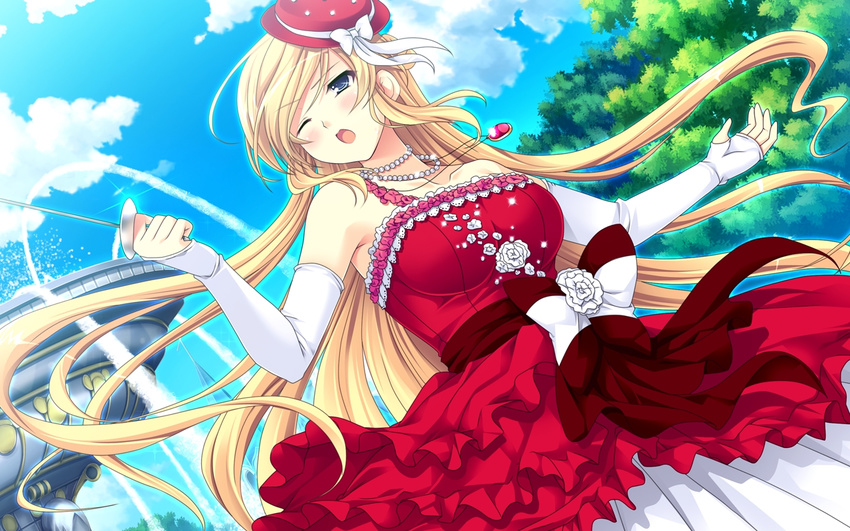 1girl amelia_rose_brettingham ankoromochi blonde_hair blue_eyes blush bow cloud clouds dress elbow_gloves fountain game_cg gloves hat jewelry long_hair necklace shitsuji_ga_aruji_wo_erabu_toki tree water