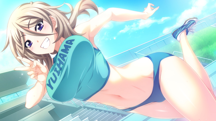 1girl armpits bare_shoulders blush bouncing_breasts breasts brown_hair clenched_teeth cloud clouds feet game_cg gym_uniform highres large_breasts legs looking_at_viewer mikoshi_matsuri navel purple_eyes running shoes short_hair sky smile sneakers solo standing teeth thighs tsujidou-san_no_virgin_road v