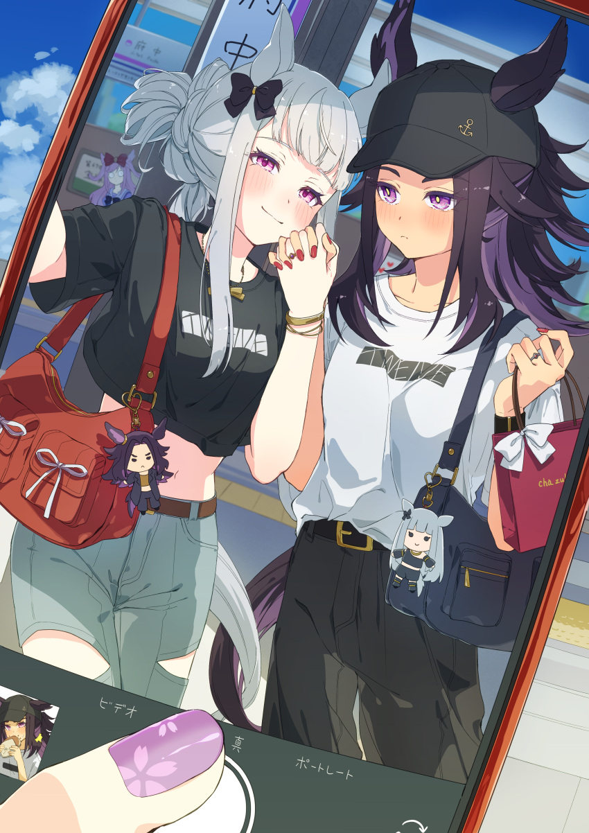 3girls absurdres agnes_digital_(umamusume) animal_ears bag bag_charm baseball_cap belt black_belt black_hair black_pants black_shirt blue_pants blush bow breasts brown_belt cellphone character_charm charm_(object) closed_mouth commentary_request cropped_shirt ear_bow ears_through_headwear fenomeno_(gold-triumph)_(umamusume) fenomeno_(umamusume) gold_ship_(gold-triumph)_(umamusume) gold_ship_(umamusume) grey_hair hair_bow hat highres holding holding_hands holding_phone horse_ears horse_girl horse_tail komeko97 long_hair midriff multicolored_hair multiple_girls pants phone pink_hair purple_eyes purple_hair purple_nails red_nails selfie shirt smartphone smile tail torn_clothes torn_pants umamusume white_shirt