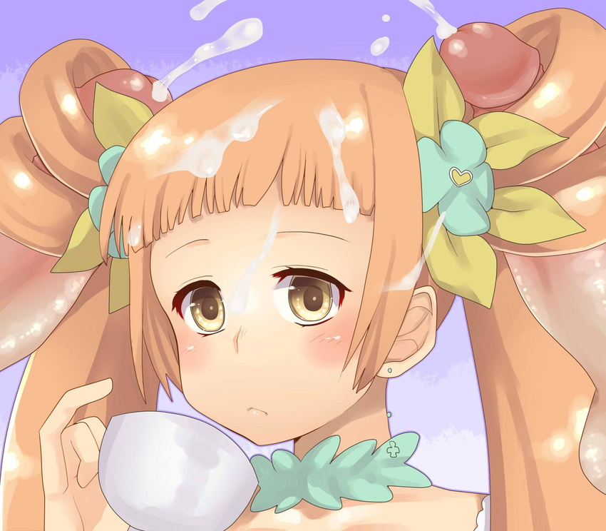 blush choker clover cum cup cure_rosetta dokidoki!_precure drill_hair expressionless face facial frown hairjob multiple_penises orange_hair penis precure twin_drills twintails uncensored yellow_eyes yotsuba_alice