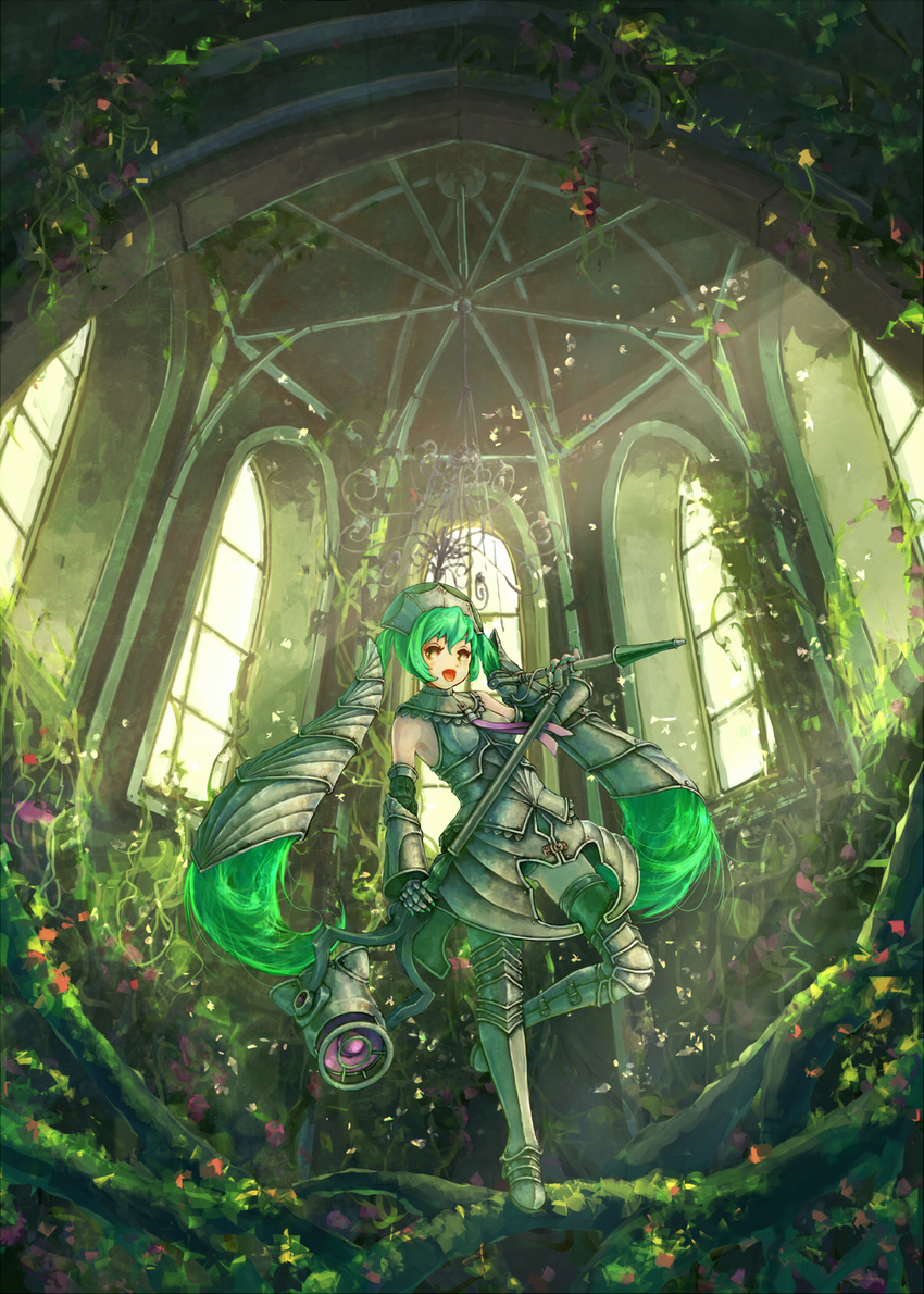 armor armored_twintails bad_id bad_pixiv_id bespin chandelier detached_sleeves gloves greaves green_hair hair_ornament hatsune_miku highres holding indoors long_hair microphone microphone_stand necktie open_mouth skirt solo standing standing_on_one_leg thighhighs twintails very_long_hair vocaloid window