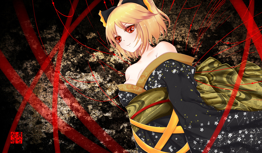 alternate_costume bad_id bad_pixiv_id bare_shoulders blonde_hair bow breasts cleavage dclockwork floral_print hair_bow highres japanese_clothes kimono kurodani_yamame looking_at_viewer medium_breasts multicolored multicolored_background obi off_shoulder red_eyes red_string sash short_hair smile solo string touhou