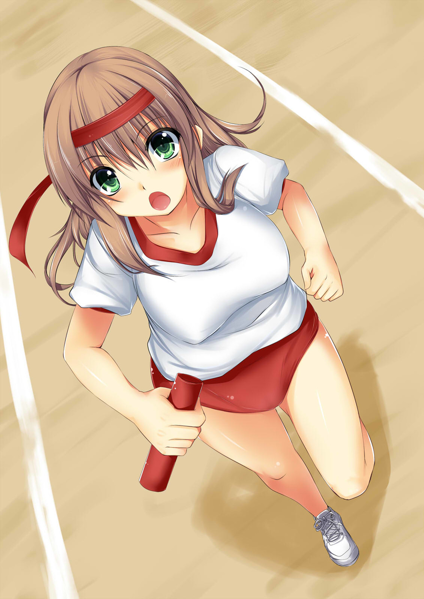 blush brown_hair buruma green_eyes gym_uniform hachimaki headband highres hoshizuki_(seigetsu) long_hair looking_at_viewer open_mouth original relay_baton solo track_and_field