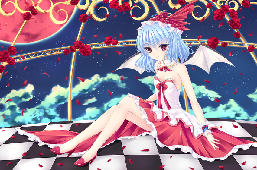 alternate_costume bare_shoulders bat_wings blue_hair blush dress flower fred0092 hat highres looking_at_viewer red_eyes remilia_scarlet short_hair smile solo touhou wings