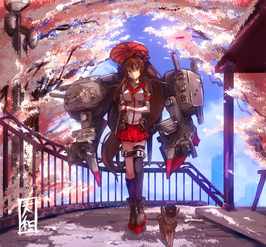 ankle_boots arao black_legwear blush boots breasts brown_eyes brown_hair cat cherry_blossoms detached_sleeves flower hair_flower hair_ornament kantai_collection large_breasts long_hair looking_at_viewer miniskirt oriental_umbrella ponytail red_umbrella single_thighhigh skirt smile solo thighhighs umbrella very_long_hair yamato_(kantai_collection)