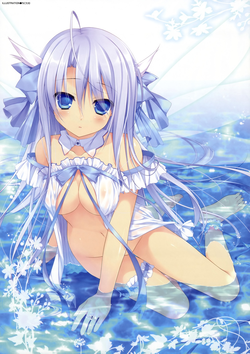 :o absurdres ahoge ankle_cuffs barefoot blue blue_eyes blue_hair blush bottomless bow breasts character_request chikotam cleavage detached_collar detached_sleeves hair_ribbon highres leg_garter long_hair looking_at_viewer medium_breasts navel partially_submerged ribbon scan see-through shiny shiny_skin sitting solo transparent_wings wings yokozuwari