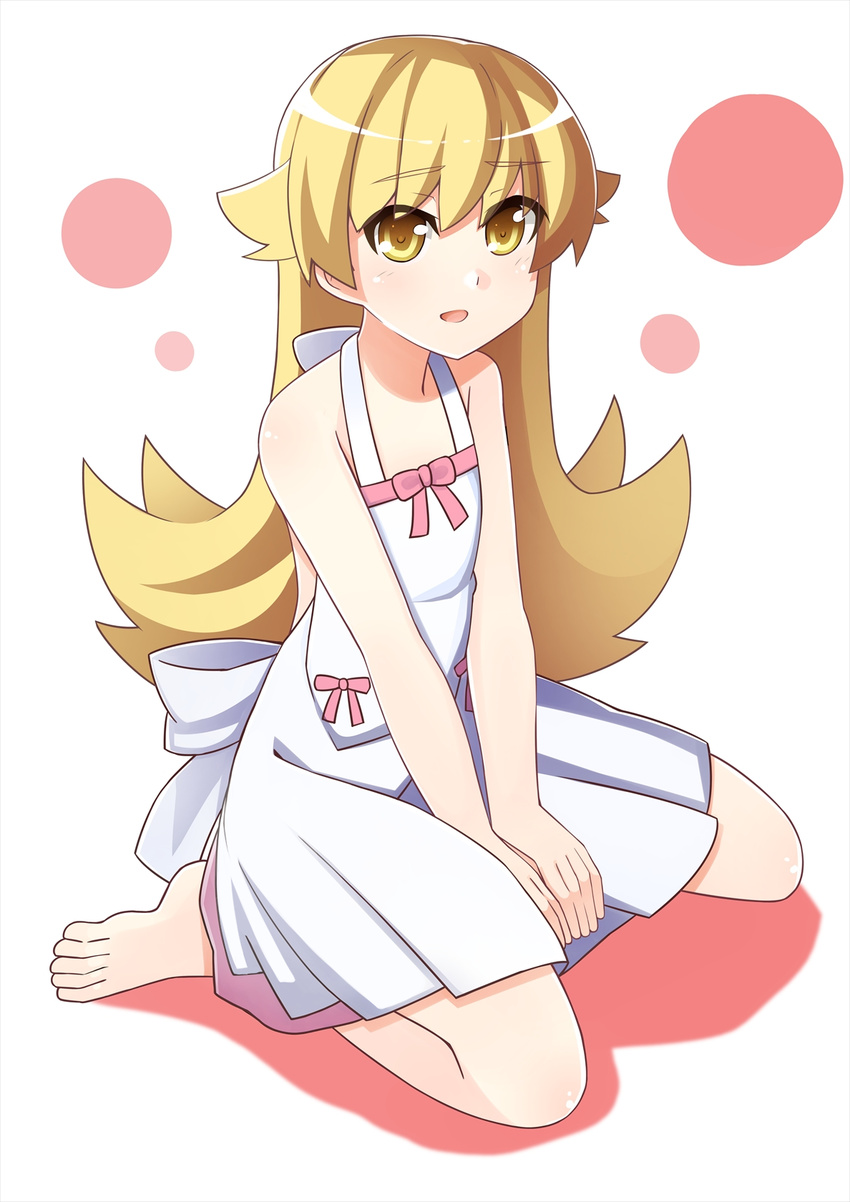 :d blonde_hair dacchi dress highres kabukimonogatari long_hair monogatari_(series) nisemonogatari open_mouth oshino_shinobu sitting smile solo v_arms wariza yellow_eyes