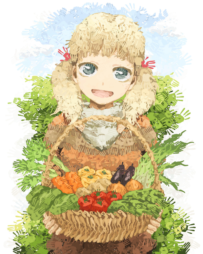 basket bell_pepper blonde_hair carrot commentary eggplant faux_traditional_media food green_eyes hand_print hands highres original pepper smile solo tomato twintails vegetable yajirushi_(chanoma)