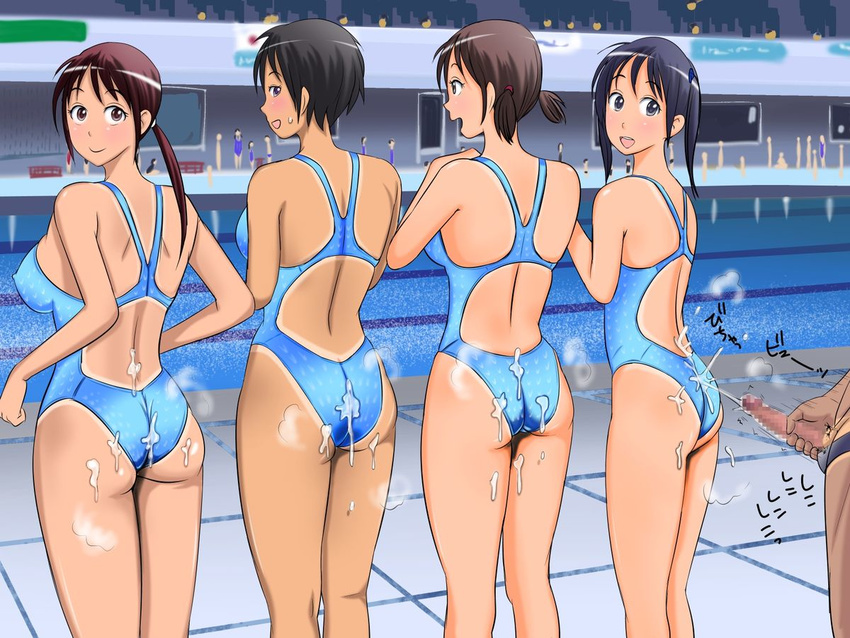 1boy 4girls ass bare_shoulders black_hair brown_hair censored cum cum_on_ass ejaculation exhibitionism long_hair looking_back majime_club masturbation multiple_girls out_of_frame penis public smile swimsuit take_your_pick tremble trembling