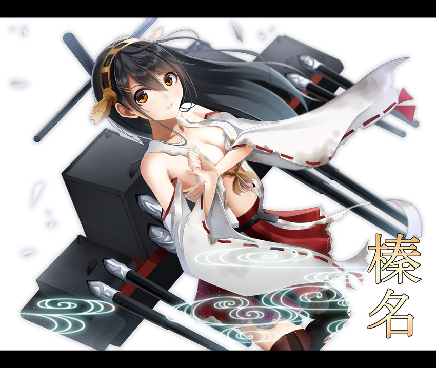 bare_shoulders black_hair breasts brown_eyes character_name cleavage detached_sleeves hair_ornament hairband haruna_(kantai_collection) headgear highres japanese_clothes kantai_collection kentaurosu letterboxed long_hair looking_at_viewer medium_breasts parted_lips ribbon-trimmed_sleeves ribbon_trim solo thighhighs torn_clothes