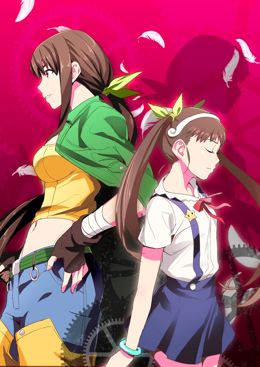 absurdres akechi_shizuku back-to-back bandages brown_hair closed_eyes dual_persona feathers fingerless_gloves gloves hachikuji_mayoi highres jacket kabukimonogatari long_hair midriff monogatari_(series) multiple_girls older red_eyes twintails