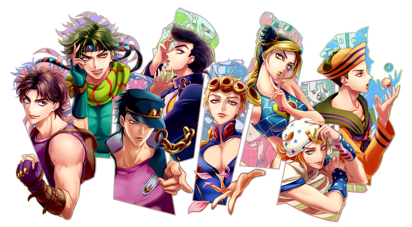 6+boys bubble crazy_diamond dixie_cup_hat double_bun double_v family giorno_giovanna gold_experience hat headband hermit_purple higashikata_jousuke higashikata_jousuke_(jojolion) johnny_joestar jojo_no_kimyou_na_bouken jojolion joka_(night_gate) jonathan_joestar joseph_joestar_(young) kuujou_jolyne kuujou_joutarou military_hat multiple_boys multiple_girls plant pompadour scarf silhouette soft_&amp;_wet stand_(jojo) star_platinum steel_ball_run stone_free tusk_(stand) v vines