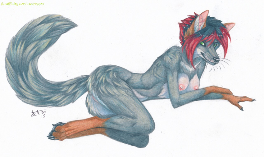 anthro black_hair breasts canine darwin's_fox female fluffy fur green_eyes grey_fur hair hindpaw lying mammal nude on_front paws pussy red_hair solo toots vixe