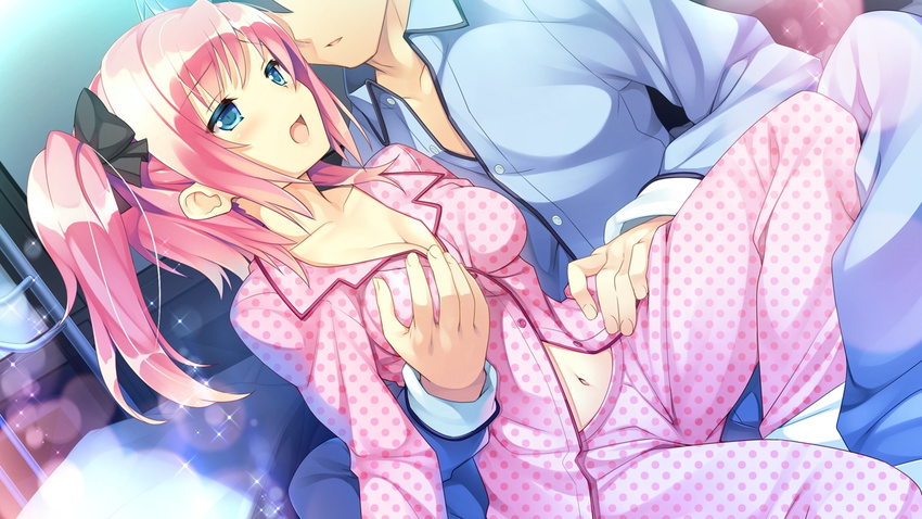 1girl bed blue_eyes blush breast_grab breasts cleavage game_cg grabbing koba_kasumi koi_saku_miyako_ni_ai_no_yakusoku_wo_~annaffiare~ natsume_eri navel pajamas pink_hair ribbon ribbons short_hair