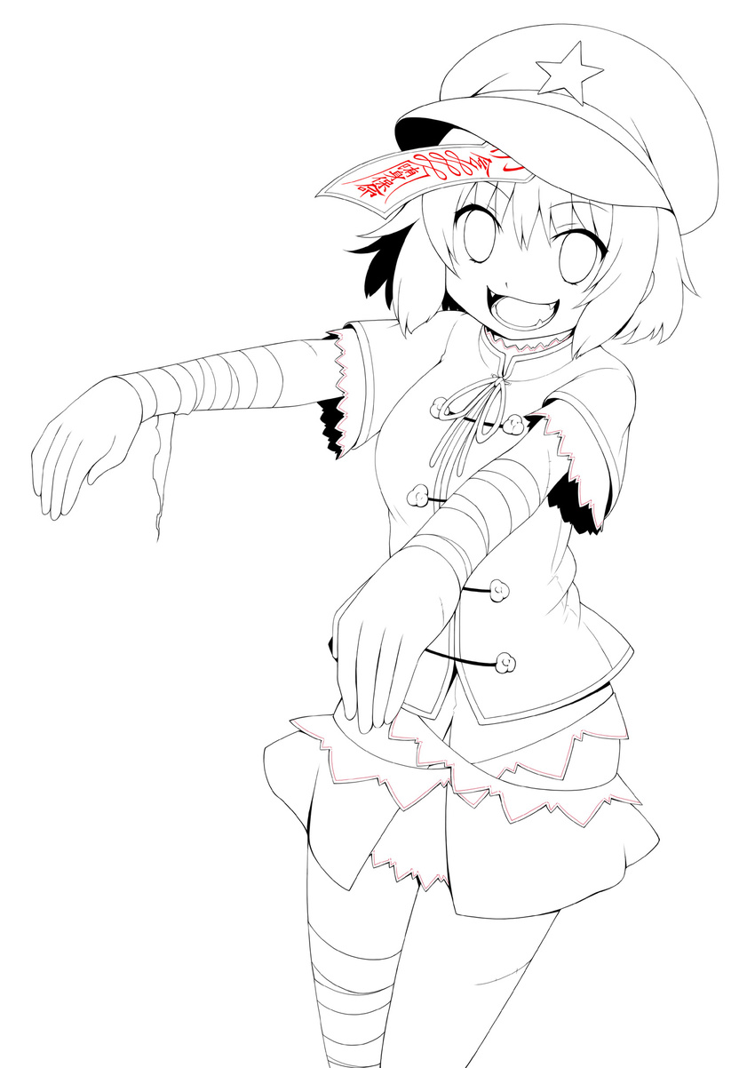 eichi_yuu hat highres jiangshi lineart looking_at_viewer miyako_yoshika monochrome ofuda open_mouth outstretched_arms short_hair smile solo star touhou zombie_pose