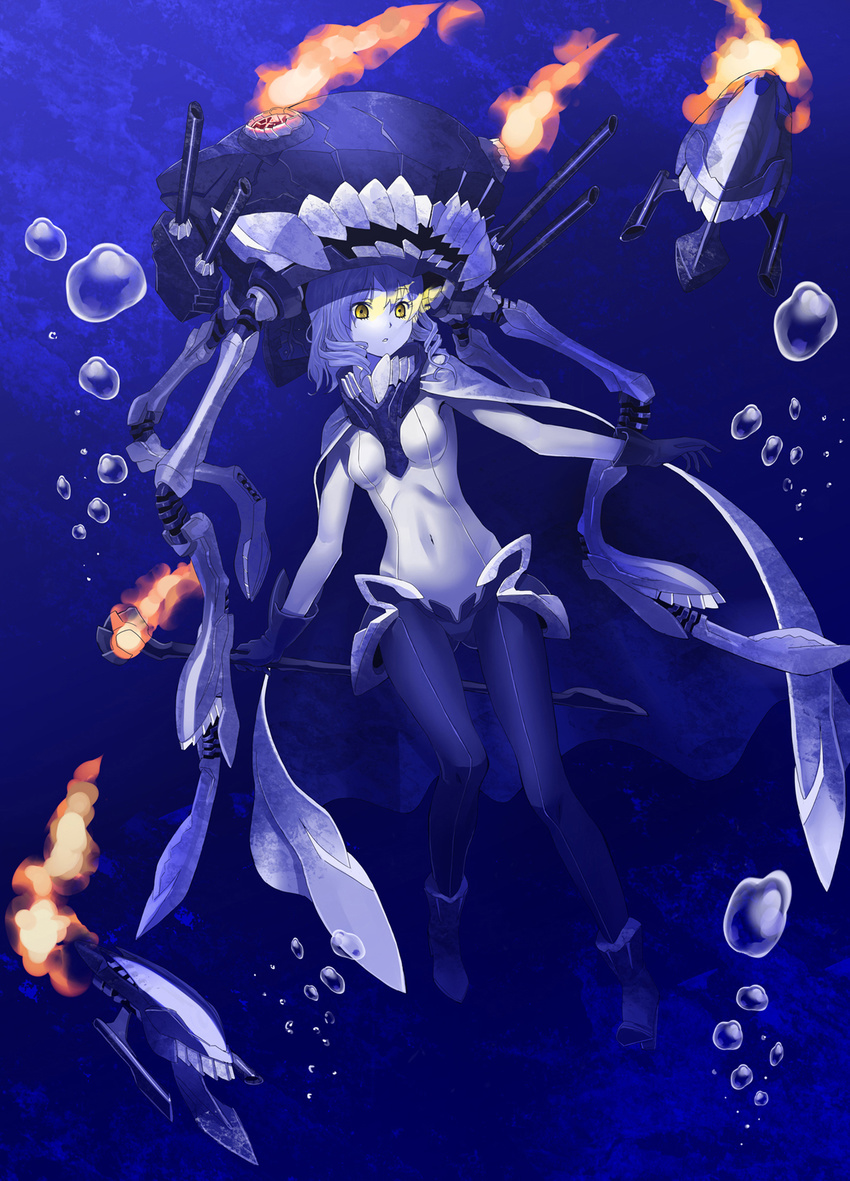 bodysuit breasts bubble cape covered_navel enemy_aircraft_(kantai_collection) fire fujimo_ruru gloves glowing glowing_eyes highres kantai_collection md5_mismatch medium_breasts options pale_skin parted_lips shinkaisei-kan short_hair silver_hair solo staff underwater wo-class_aircraft_carrier yellow_eyes