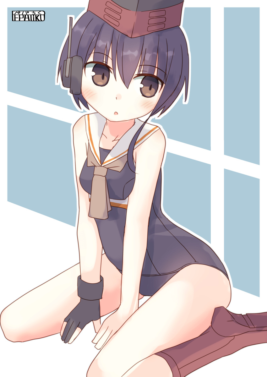 artist_logo asymmetrical_hair between_legs black_hair black_swimsuit boots brown_eyes commentary_request crop_top framed_breasts gloves hair_between_eyes hand_between_legs hat headphones high_heel_boots high_heels highres i-13_(kantai_collection) kantai_collection kneeling looking_to_the_side one-piece_swimsuit partly_fingerless_gloves pepatiku sailor_collar school_swimsuit shirt short_hair single_glove solo swimsuit swimsuit_under_clothes white_sailor_collar
