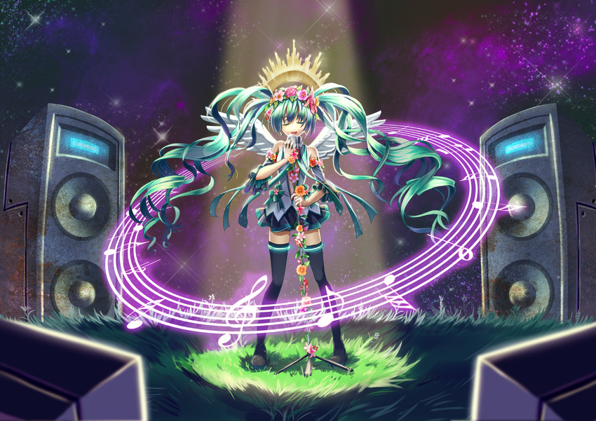 closed_eyes detached_sleeves eighth_note flat_sign floating_hair grass green_hair half_note hatsune_miku head_wreath long_hair microphone microphone_stand mimika_(puetilun) music musical_note quarter_note singing sixteenth_note skirt solo speaker staff_(music) thighhighs thirty-second_note treble_clef twintails very_long_hair vocaloid wings