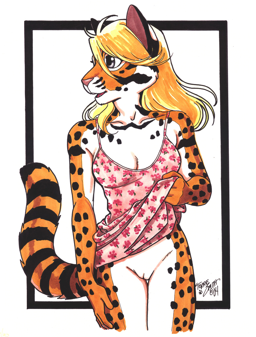 absurd_res anthro blonde_hair bottomless feline female hair hi_res mammal nude pinup pose pussy solo terrie_smith tiger undressing