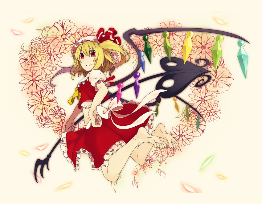 barefoot blonde_hair flandre_scarlet flower from_behind hat heart highres laevatein looking_back midriff misyagu parted_lips red_eyes ribbon short_hair side_ponytail solo touhou wings