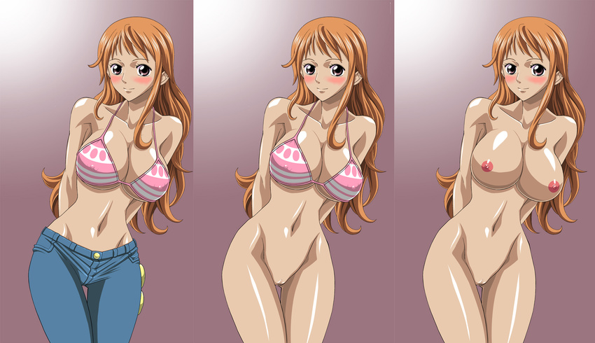 1girl bikini_top blush bottomless breasts brown_eyes censored highres huge_breasts long_hair naked_from_the_waist_down nami nami_(one_piece) nel-zel_formula nipples one_piece orange_hair pussy smile solo