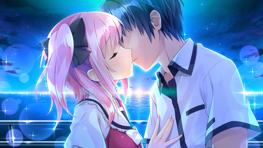 1girl blush eyes_closed game_cg kiss koba_kasumi koi_saku_miyako_ni_ai_no_yakusoku_wo_~annaffiare~ natsume_eri pink_hair short_hair