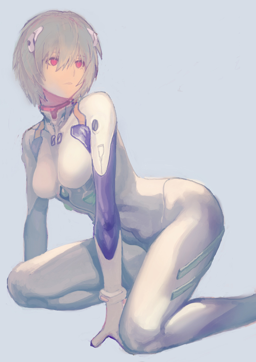 ayanami_rei blue_hair bodysuit expressionless highres mablex neon_genesis_evangelion plugsuit red_eyes short_hair simple_background solo white_bodysuit