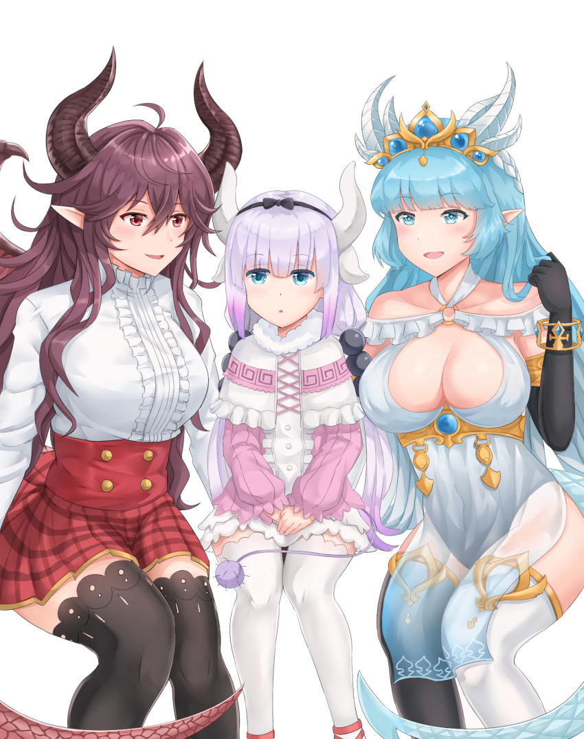 ahoge bangs bare_shoulders beads black_gloves black_hairband black_legwear blue_eyes blue_hair blunt_bangs breasts calligraphy_brush_(medium) capelet center_frills cleavage cleavage_cutout collared_dress commentary covered_navel crossover crown dragon_girl dragon_horns dragon_tail dragon_wings dress elbow_gloves eyebrows_visible_through_hair frilled_capelet frills fur_trim gem gloves gold gradient_hair grea_(shingeki_no_bahamut) hair_beads hair_between_eyes hair_ornament hairband halter_dress hands_together high-waist_skirt highres horns invisible_chair kanna_kamui king's_raid kobayashi-san_chi_no_maidragon laias_(king's_raid) large_breasts lavender_hair long_hair long_sleeves looking_at_another low_twintails mismatched_legwear multicolored_hair multiple_girls o-ring open_mouth pink_dress pointy_ears purple_eyes purple_hair red_skirt ribbed_dress see-through shingeki_no_bahamut shirt simple_background sitting skirt smile springveiv sweater sweater_dress tail thighhighs trait_connection twintails underbust very_long_hair white_background white_dress white_hair white_legwear white_shirt white_skirt wings