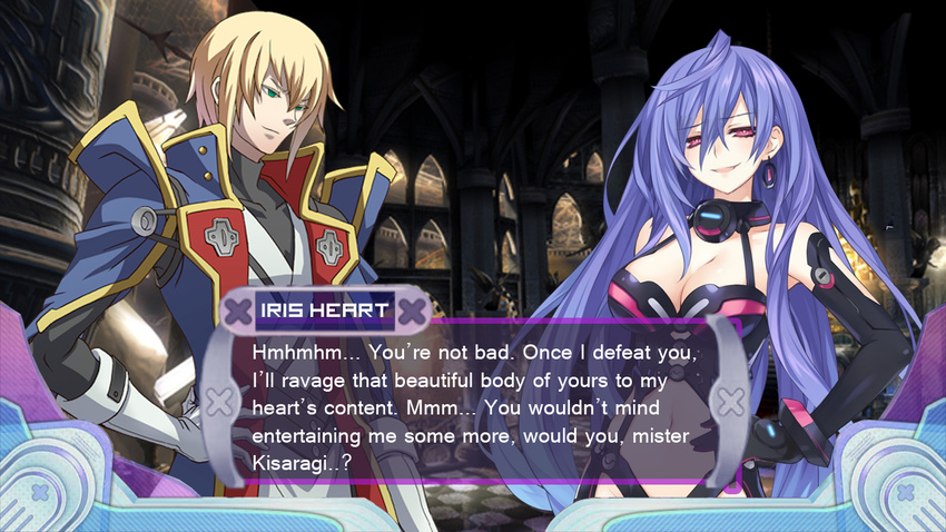 1boy 1girl ahoge arc_system_works blazblue blonde_hair breasts cape choujigen_game_neptune cleavage crazy_eyes crazy_smile crossover fake_screenshot gloves green_eyes hands_on_hips hands_on_waist iris_heart japanese_clothes kami_jigen_game_neptune_v kisaragi_jin long_hair military military_uniform neptune_(series) purple_hair pururut red_eyes spandex symbol-shaped_pupils uniform