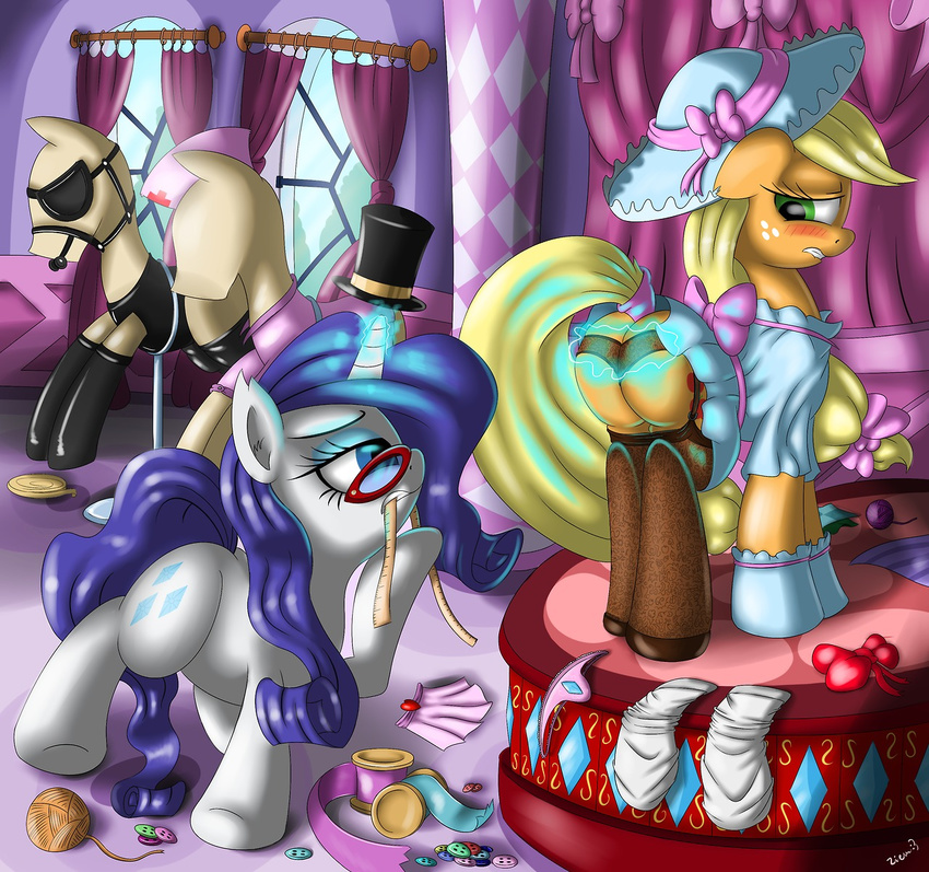 applejack_(mlp) corset cutie_mark dress dressing english_text equine female feral friendship_is_magic fur gloves green_eyes hair horn horse legwear looking_back mammal my_little_pony open_mouth orange_fur pony purple_fur purple_hair rarity_(mlp) standing stockings text unicorn ziemniax