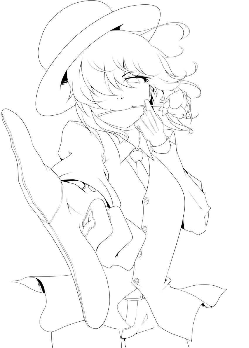 absurdres bad_id bad_pixiv_id dress_shirt flower flower_in_mouth foreshortening formal gloves greyscale hair_over_one_eye hat highres kazami_yuuka lineart looking_at_viewer mattari_yufi monochrome mouth_hold necktie pant_suit pointing rose shirt short_hair solo suit touhou vest