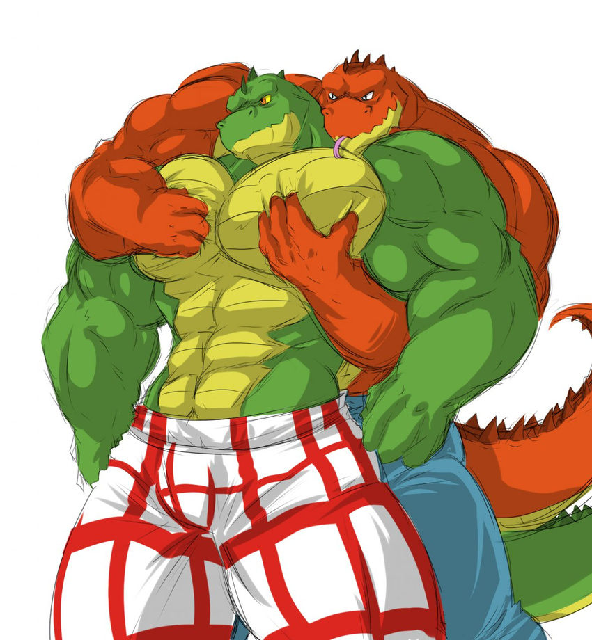 alligator anthro biceps big_muscles bulge clothing couple crocodile duo flammars forked_tongue gay green_skin grin gripping grope holding horn jeans licking male muscles orange_eyes orange_skin pants pec_grasp pecs plain_background pose reptile scales scalie shorts smile standing toned tongue tongue_out topless wani white_background who yellow_skin