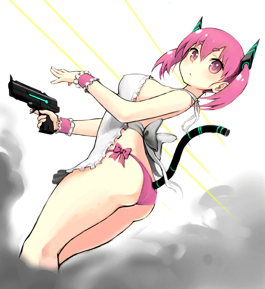 apron bad_id bad_pixiv_id bow bow_panties gun highres hiro1984 looking_at_viewer nearly_naked_apron original panties pink_eyes pink_hair solo tail twintails underwear weapon