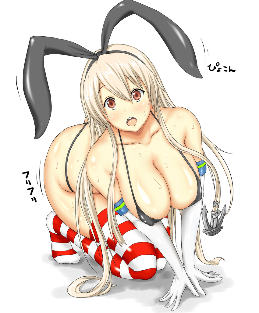 1girl all_fours animal_ears bikini black_swimsuit blonde_hair breasts brown_eyes bunny_ears covered_nipples elbow_gloves erect_nipples female gloves hair_ornament highres himatubushi huge_breasts kantai_collection long_hair older open_mouth shimakaze_(kantai_collection) simple_background solo sweat swimsuit thighhighs translated white_background white_gloves