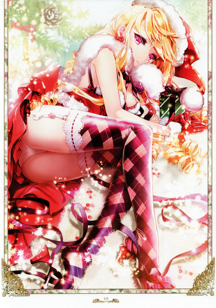 absurdres argyle argyle_legwear bare_shoulders blonde_hair breasts cinia_pacifica cleavage cocoon_(loveririn) drill_hair earrings garter_belt gift hat highres huge_filesize jewelry long_hair lying medium_breasts on_side panties pantyshot plaid plaid_legwear purple_legwear red_eyes ribbon santa_costume santa_hat shoe_dangle solo sword_girls thighhighs underwear white_panties