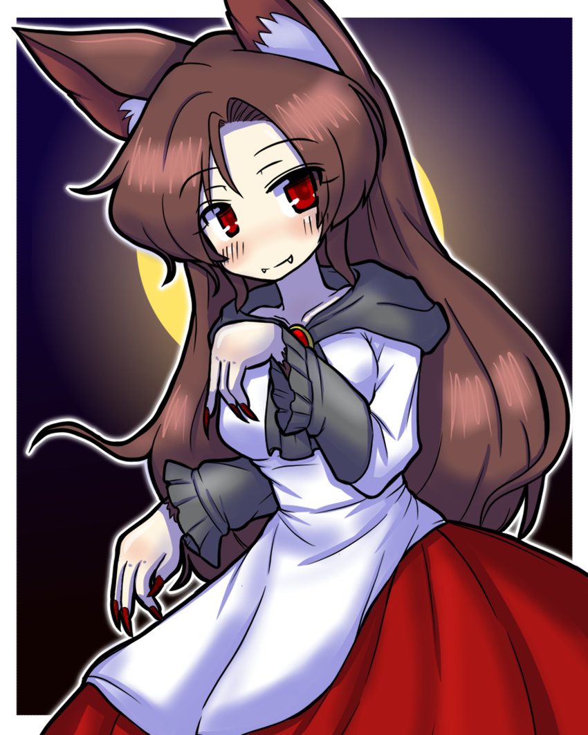 animal_ears brooch brown_hair eruru_(erl) fangs fingernails full_moon highres imaizumi_kagerou jewelry long_fingernails long_hair long_sleeves looking_at_viewer moon nail_polish red_eyes red_nails shirt skirt smile solo tail touhou very_long_hair wide_sleeves wolf_ears