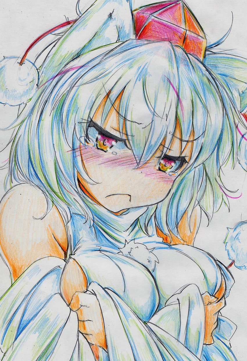 :&lt; animal_ears bare_shoulders blush breast_hold breasts colored_pencil_(medium) crossed_arms detached_sleeves embarrassed hat highres inubashiri_momiji kitazinger large_breasts red_eyes short_hair sideboob silver_hair solo tears tokin_hat touhou traditional_media white_hair wolf_ears