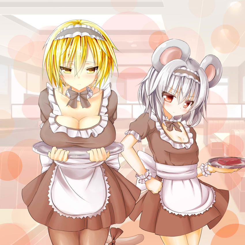 alternate_costume animal_ears apron black_legwear blonde_hair breast_rest breasts breasts_on_tray carried_breast_rest dress enmaided greatmosu grey_hair hairband highres large_breasts maid mouse_ears mouse_tail multiple_girls nazrin pantyhose red_eyes short_hair tail toramaru_shou touhou tray yellow_eyes