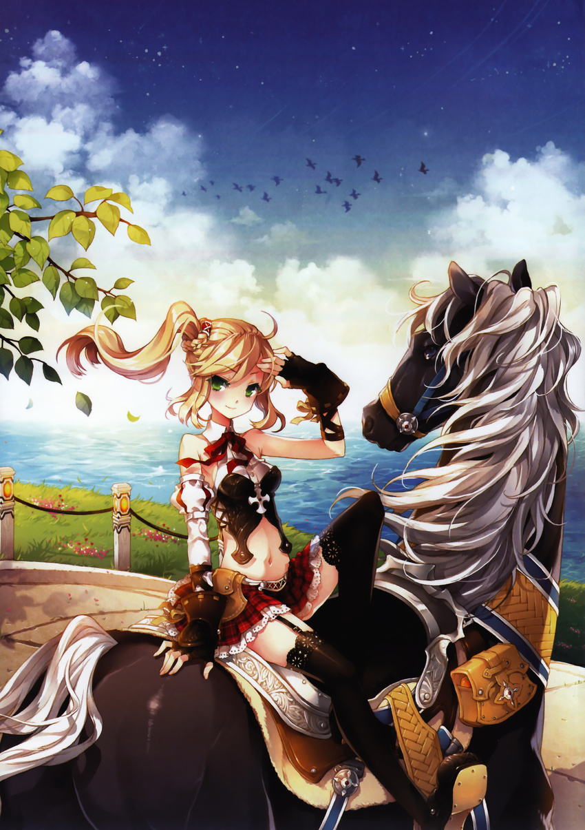 absurdres armor bare_shoulders bird black_gloves black_legwear blonde_hair boots braid cloud day fingerless_gloves garter_straps gloves green_eyes halter_top halterneck highres horse horseback_riding lace lace-trimmed_skirt lace-trimmed_thighhighs leaf leg_up long_hair looking_at_viewer malgwa_naui_iyagi_alicia midriff navel plaid plaid_skirt pleated_skirt riding saddle scan side_ponytail sitting skirt sky smile solo tearfish thighhighs water