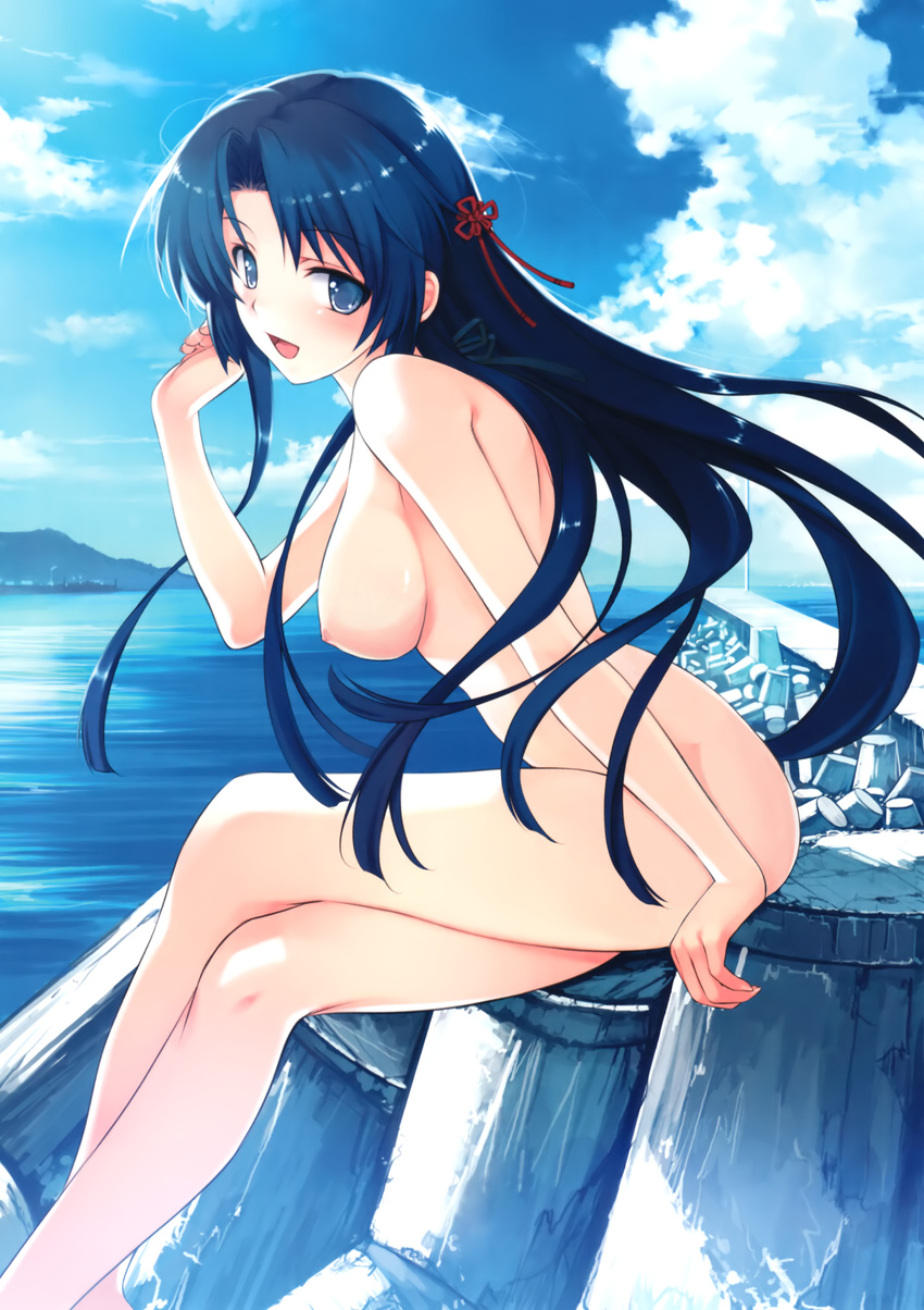 1girl artist_request blue_eyes blue_hair blush bow breasts character_request cloud hair_bow highres koga_sayoko legs legs_crossed long_hair long_legs misaki_kurehito nipples nude ocean open_mouth outdoors sitting sky smile solo source_request suiheisen_made_nan_mile? tetrapod very_long_hair water