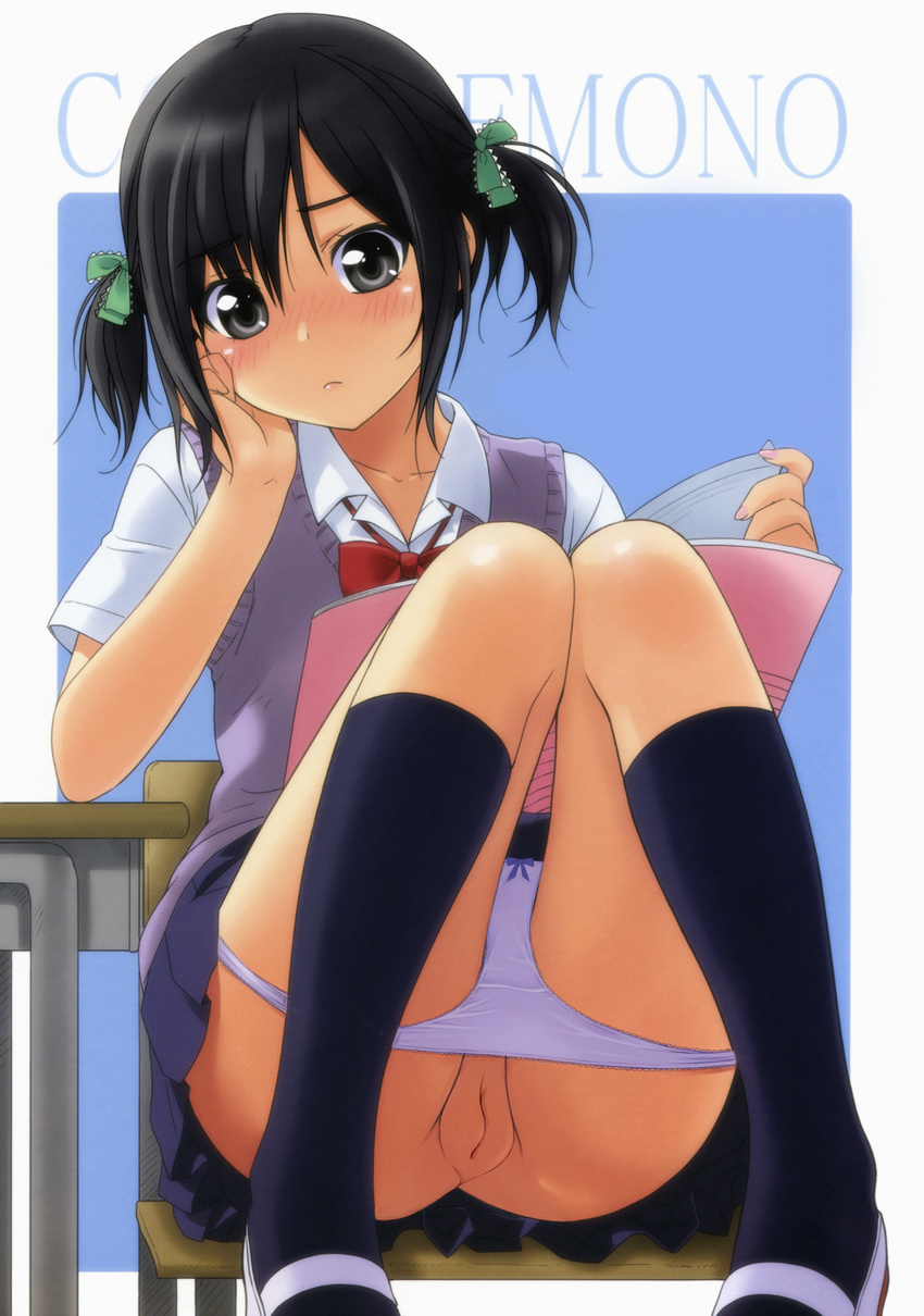 1girl artist_request black_hair black_legwear blush book bow bow_panties chair character_request classroom cover cover_page desk footwear grey_eyes hair_ribbon hand_on_own_cheek hand_on_own_face kneehighs legs_up looking_at_viewer no_panties nonohara_miki original panties panty_pull pleated_skirt pussy ribbon school_uniform shoes short_hair short_twintails sitting skirt socks solo source_request sweater_vest twintails uncensored underwear upskirt uwabaki vest white_panties